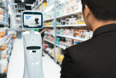 Robotics Trends technology , smart retail business concept. Autonomous personal assistant robot for navigation customer to search items in construction mall.