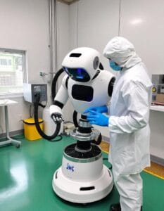 A man wearing a white coat diligently works on a robot, showcasing advanced technology in a laboratory environment. 