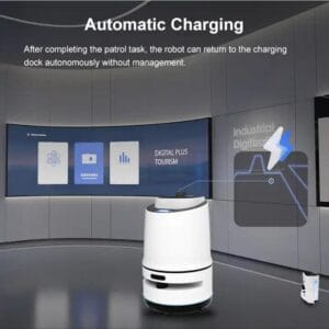 A robot charging in a room, with a screen displaying the words automatic charging in the background.