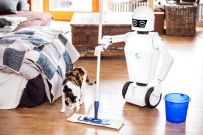 robot or automatic floor scrubber is cleaning the floor of a living room, while a cat is coming.