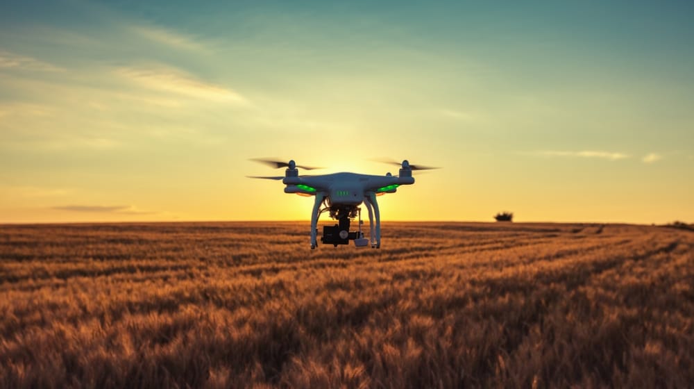 Flying drone in the farm field